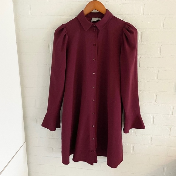 ASOS Mini Shirt Dress Button down Long Tulip sleeve Princess shoulder Burgundy 4 - Picture 2 of 14